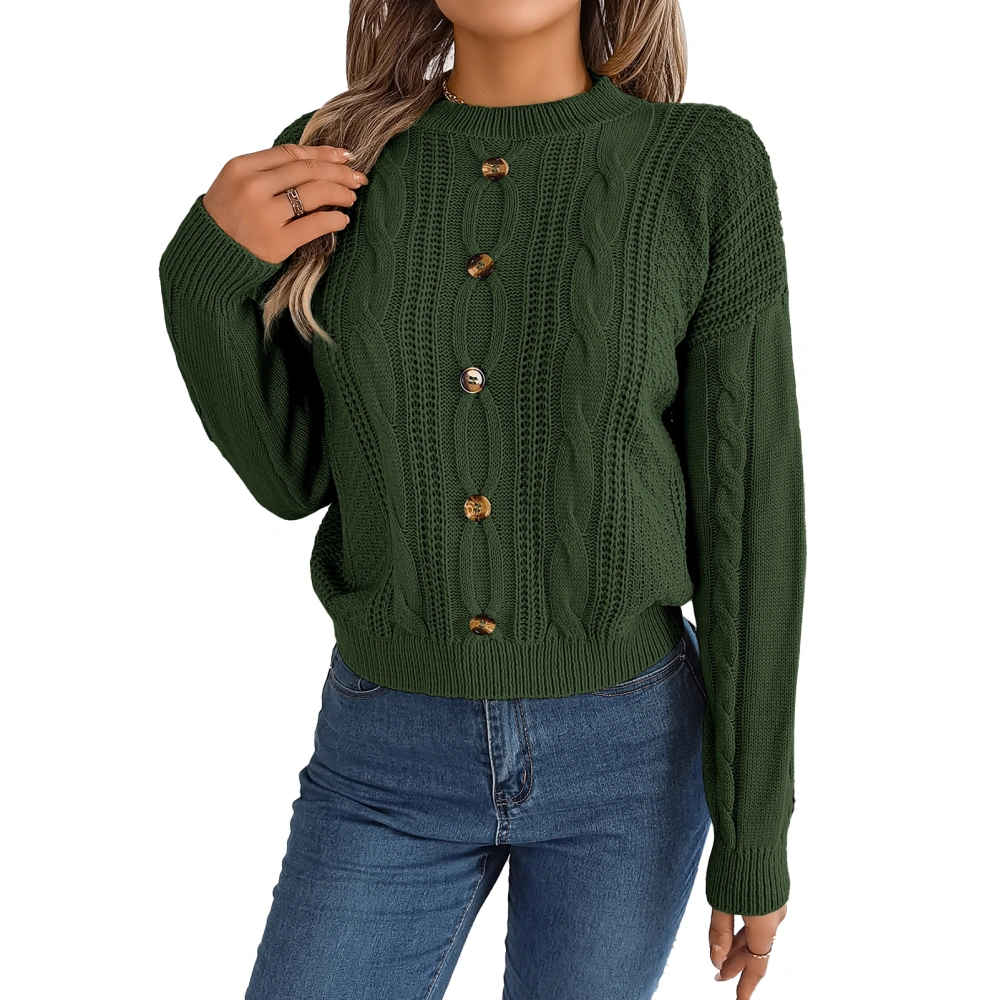 Long Sleeve Crewneck Drop Shoulder Sweater Women Plain Color Button Decoration Pullover Cable Knit Shirt Top OD Green M