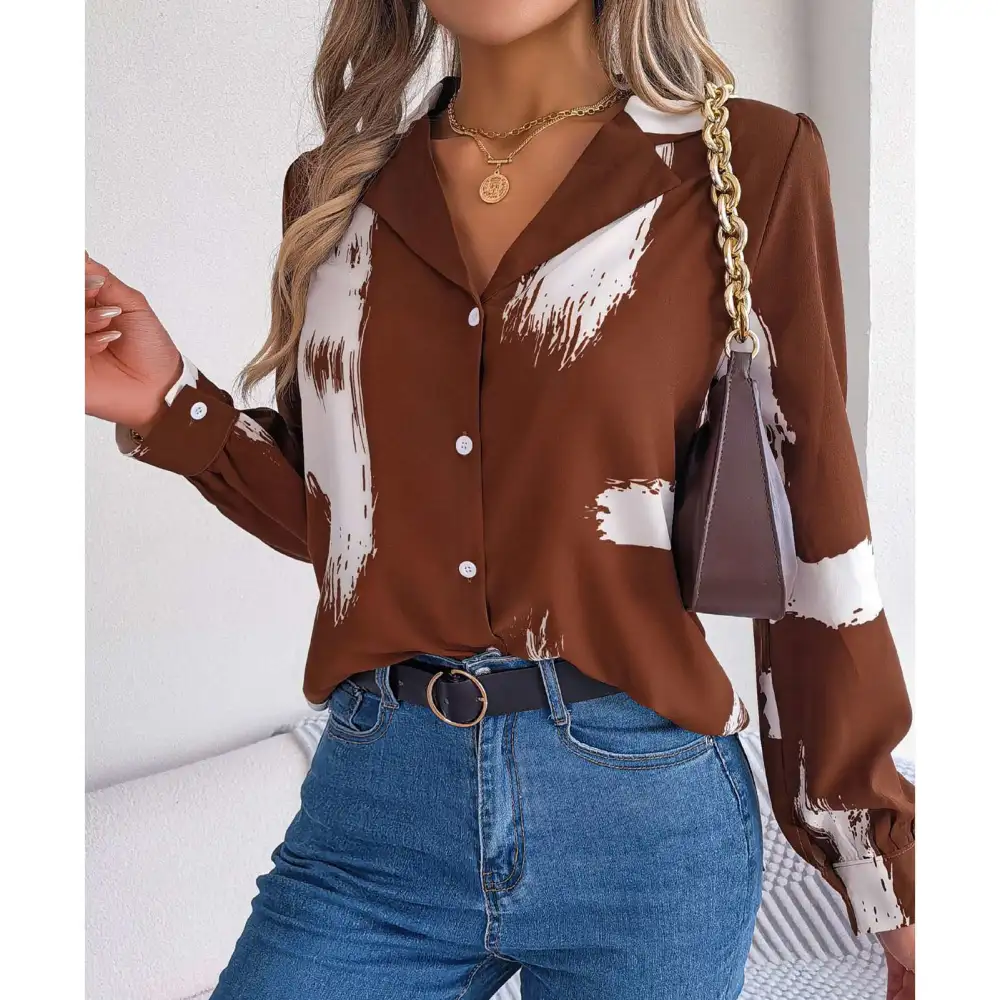 Women Printed Button Up Shirt Turn Down Collar Loose Fit Color Blocking Casual Blouse Shirt Coffee S