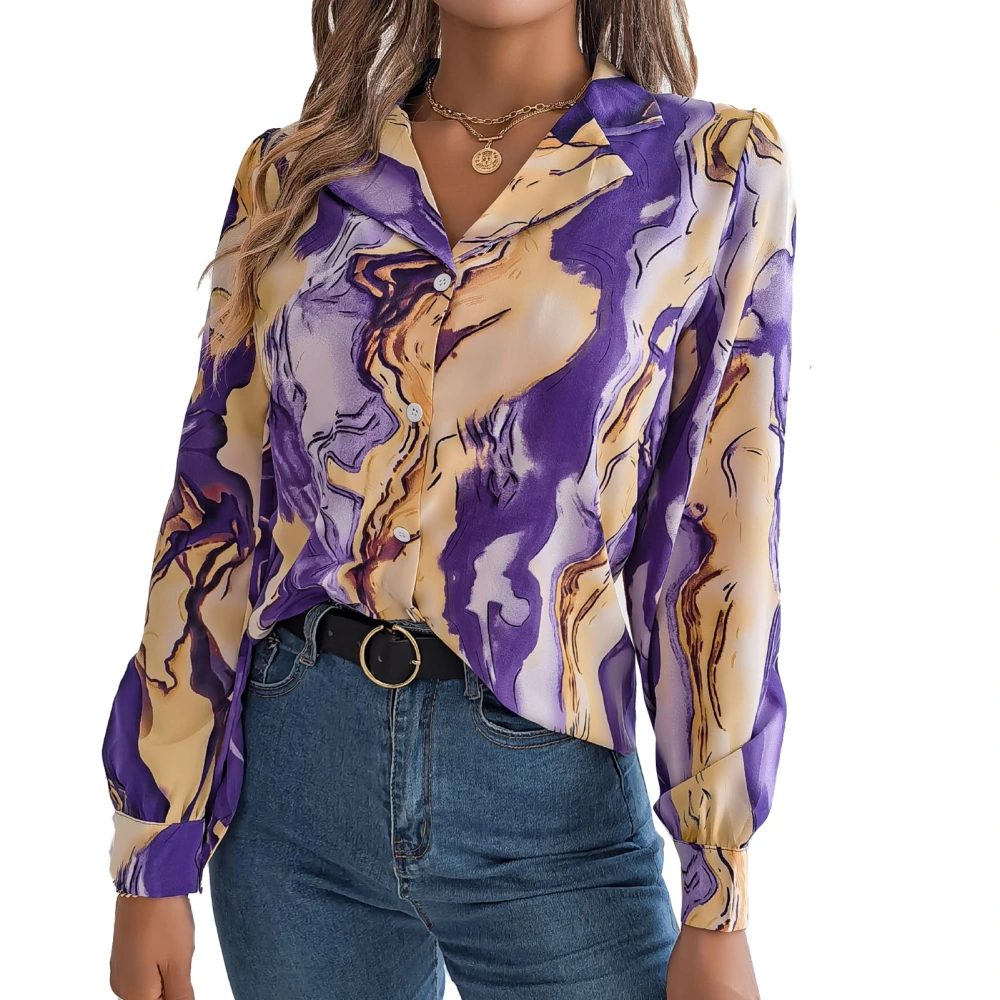 Women Long Sleeve Shirt Turn Down Collar Loose Fitting Casual Floral Printing Blouses for Daily Wear Purple L