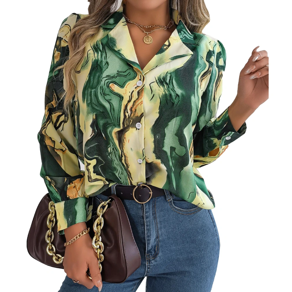 Women Long Sleeve Shirt Turn Down Collar Loose Fitting Casual Floral Printing Blouses for Daily Wear Green M