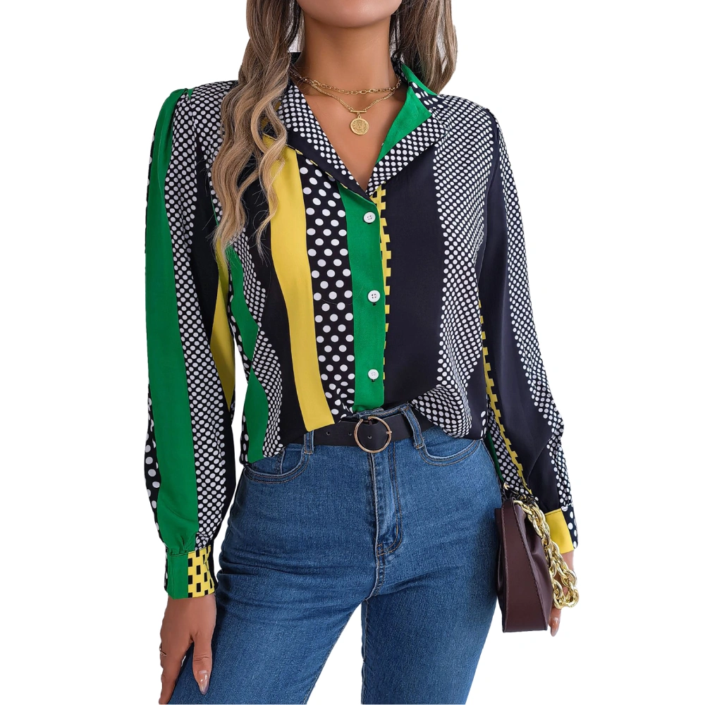 Shirt Long Sleeve Turn Down Collar Colorblock Dot Stripe Blouse Top for Work Street Leisure Green S