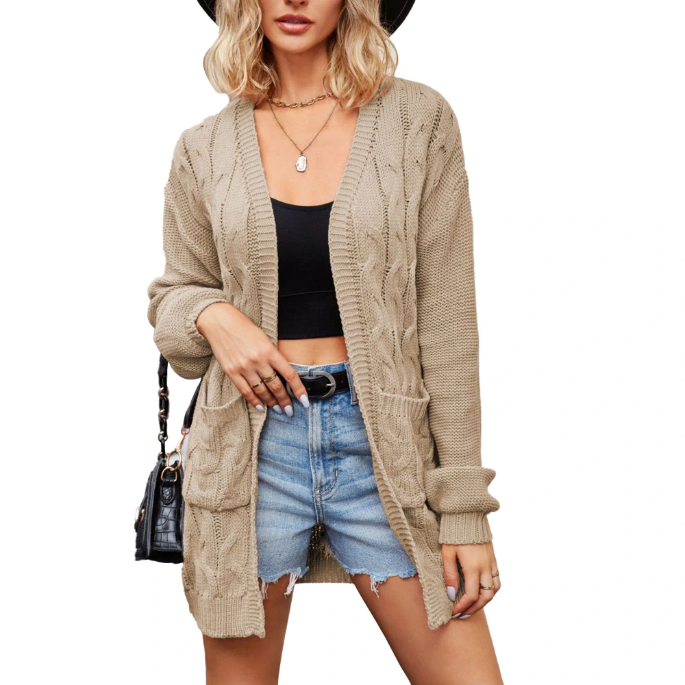 Women Long Sweater Jacket Casual Loose Fashion Cable Knit Sweater Coat with Pockets for Daily Life Khaki S