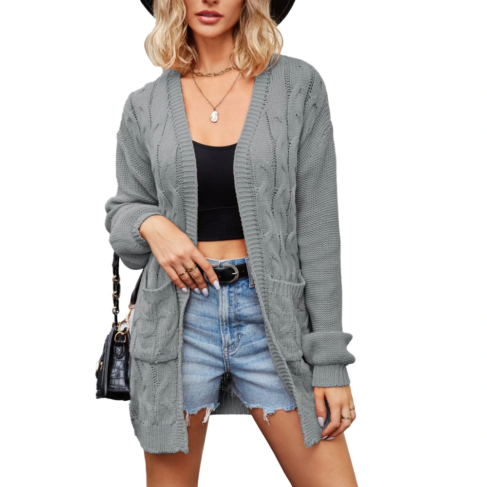 Women Long Sweater Jacket Casual Loose Fashion Cable Knit Sweater Coat with Pockets for Daily Life Grey M