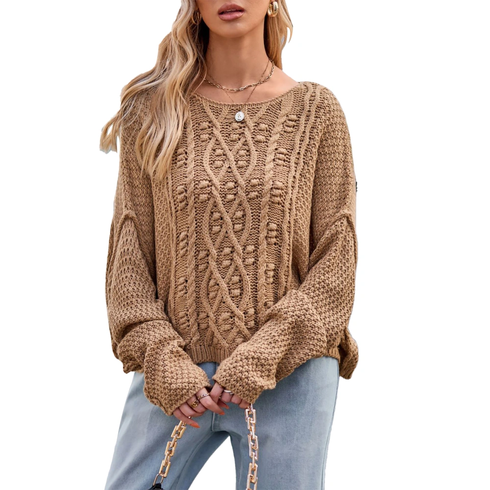 Women Sweater Round Neck Long Sleeve Twist Texture Solid Color Comfortable for Work Dating School Vacation Khaki S