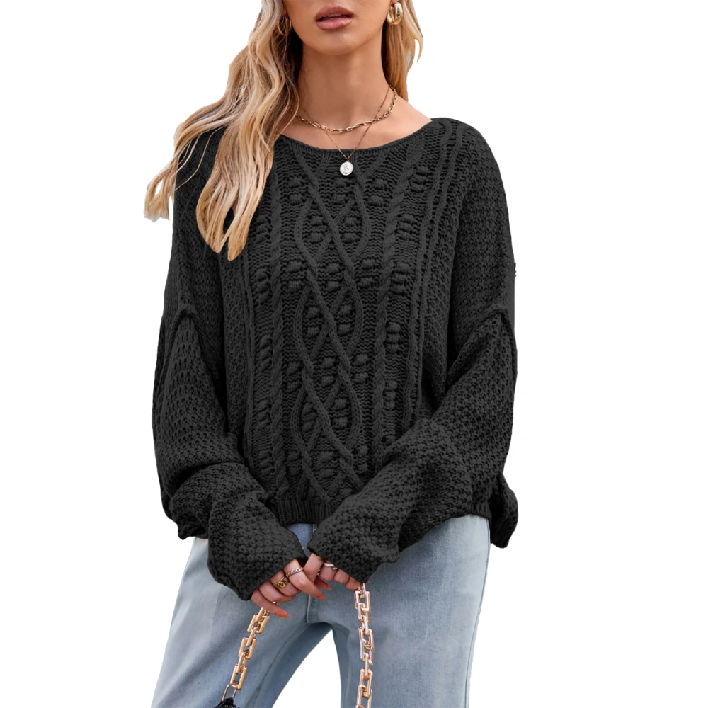 Women Sweater Round Neck Long Sleeve Twist Texture Solid Color Comfortable for Work Dating School Vacation Black S