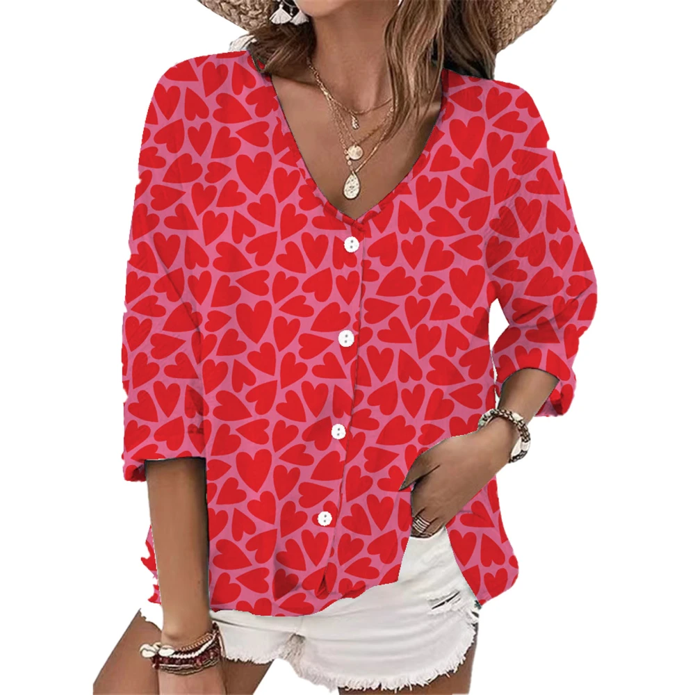 Women V Neck Button Down Shirt Fashion Casual Loose Women V Neck Print Blouse Tops for Daily Party Work Travel Red S