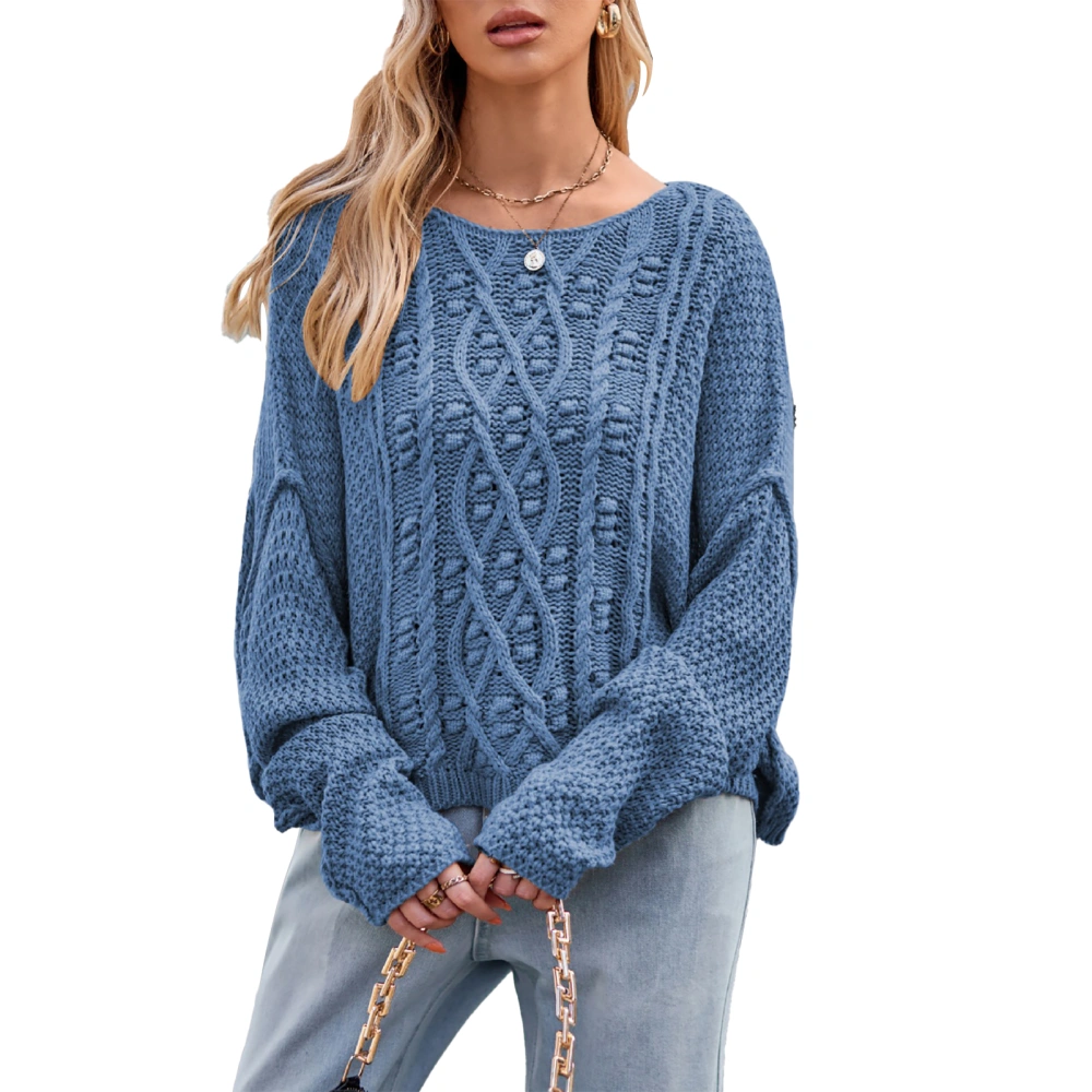 Women Sweater Round Neck Long Sleeve Twist Texture Solid Color Comfortable for Work Dating School Vacation Blue XL