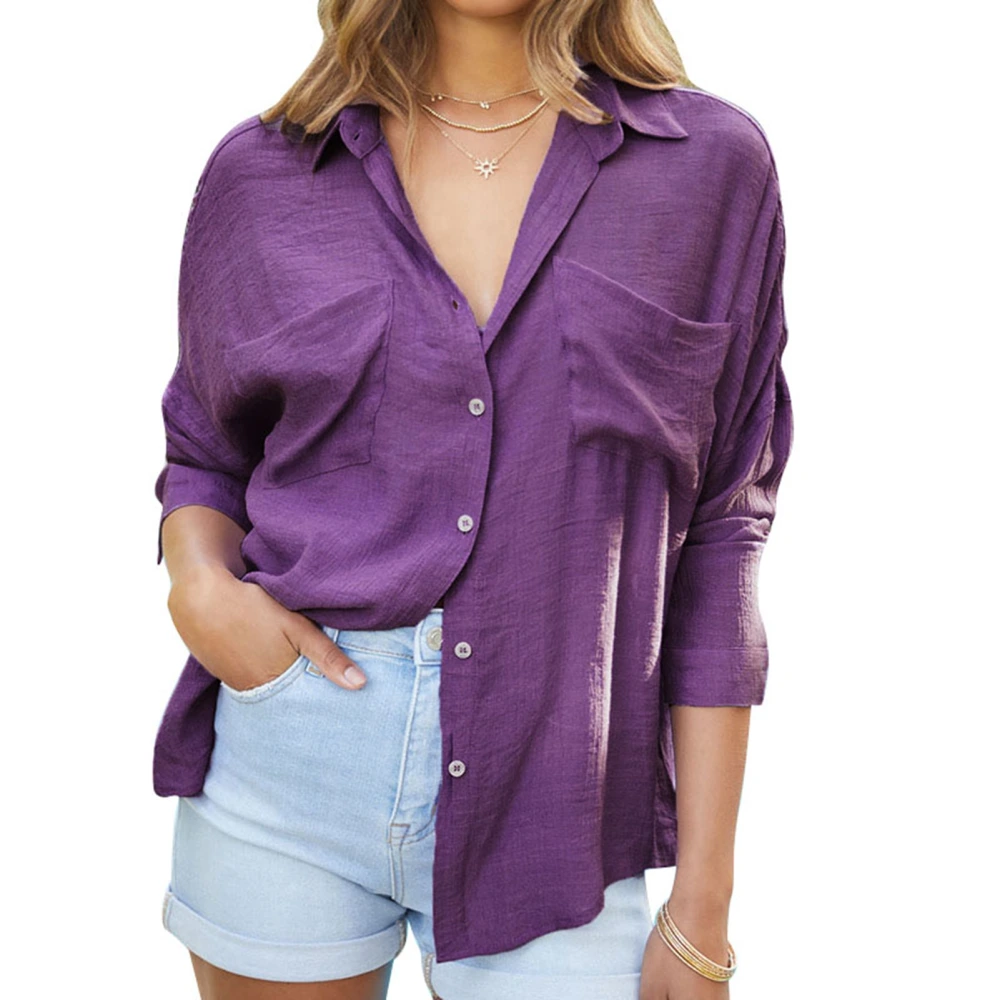 Long Sleeve Button Up Shirt Women Fashionable Pure Color Turn Down Collar Top Blouse with Chest Pockets Purple S