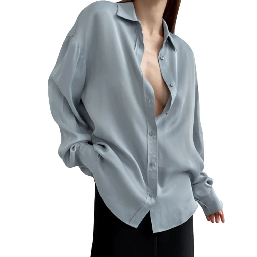 Long Sleeve Turn Down Collar Shirt Women Retro Elegant Plain Color Button Up Satin Blouses Top Blue S