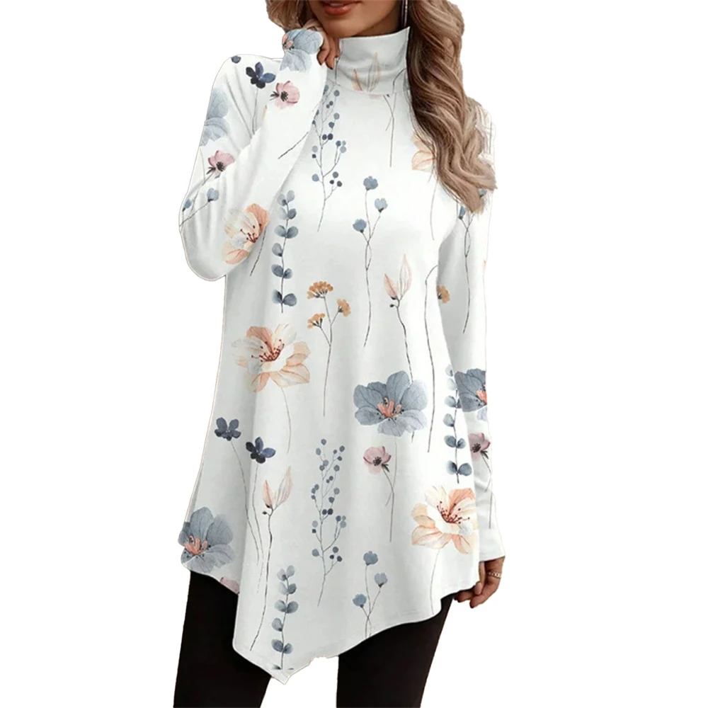 Women Long Sleeve High Neck Top Fashion Print Irregular Hem Loose Fit Casual Top for Leisure White M