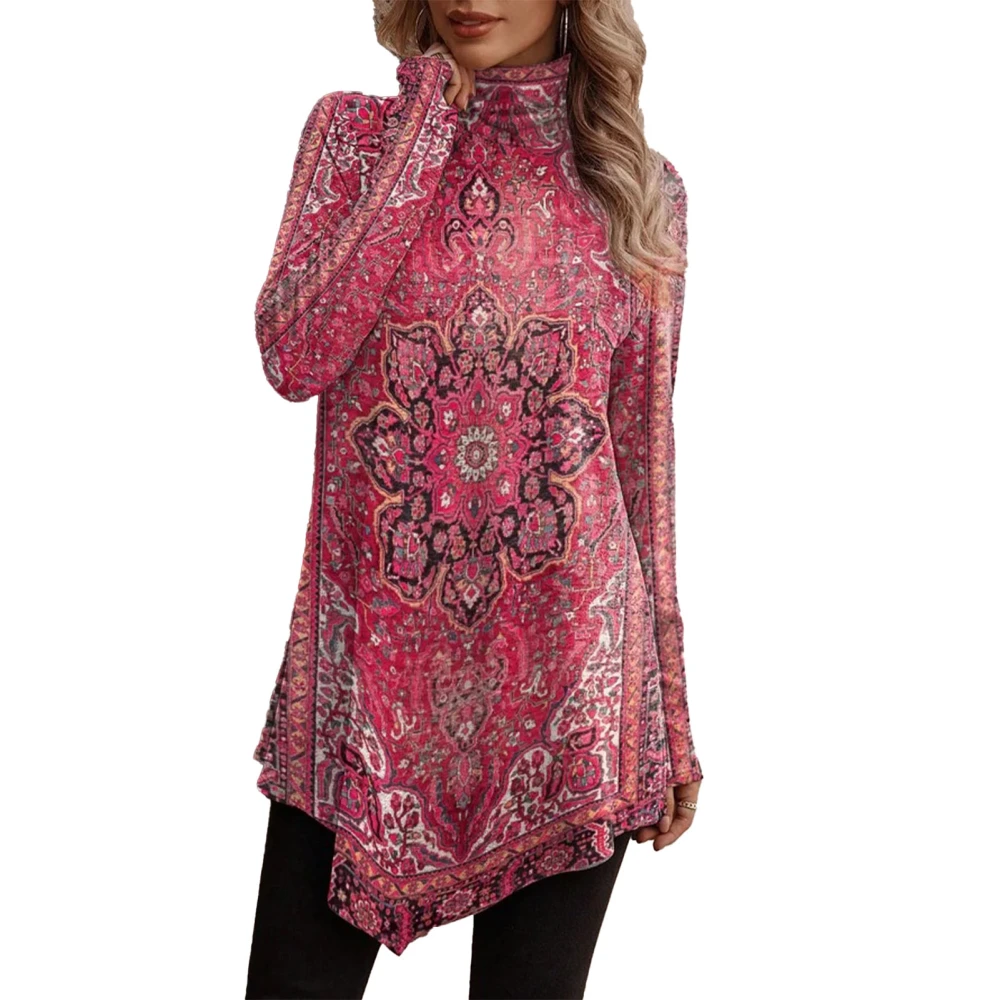 Women Long Sleeve High Neck Top Fashion Print Irregular Hem Loose Fit Casual Top for Leisure Red 3XL