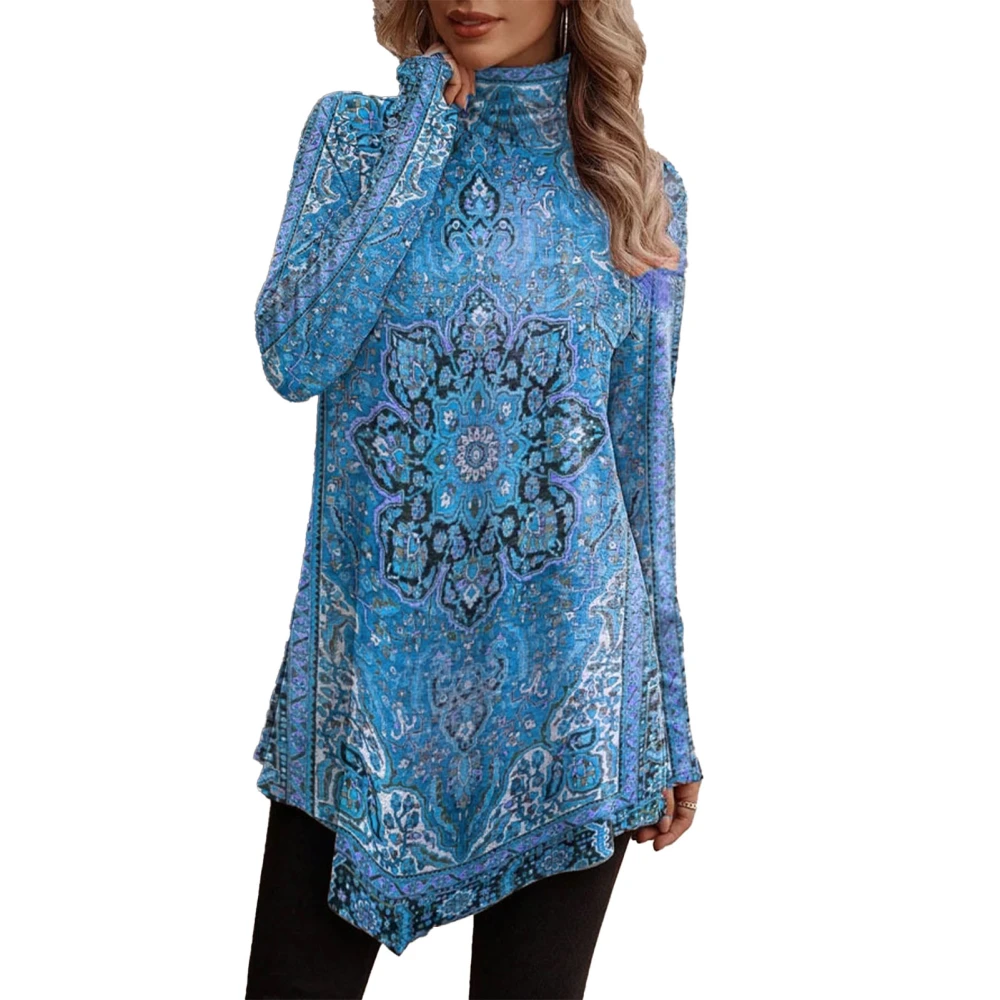 Women Long Sleeve High Neck Top Fashion Print Irregular Hem Loose Fit Casual Top for Leisure Sky Blue S