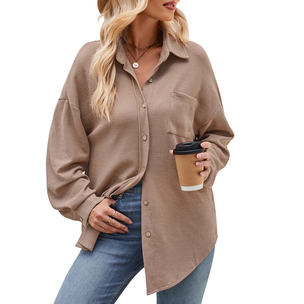 Women Long Button Up Shirt Casual Fitted Long Sleeve Front Pocket Female Long Tee Shirt Dark Khaki S