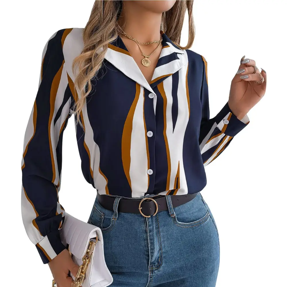 Women Stripe Long Sleeve Shirt Turn Down Collar Contrast Color Fashion Style Jacket for Commute Travel Vocation Dark Blue M