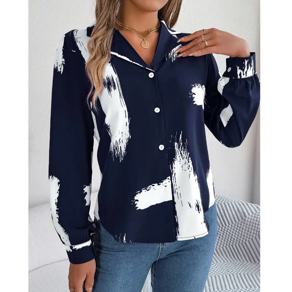 Women Printed Button Up Shirt Turn Down Collar Loose Fit Color Blocking Casual Blouse Shirt Blue S