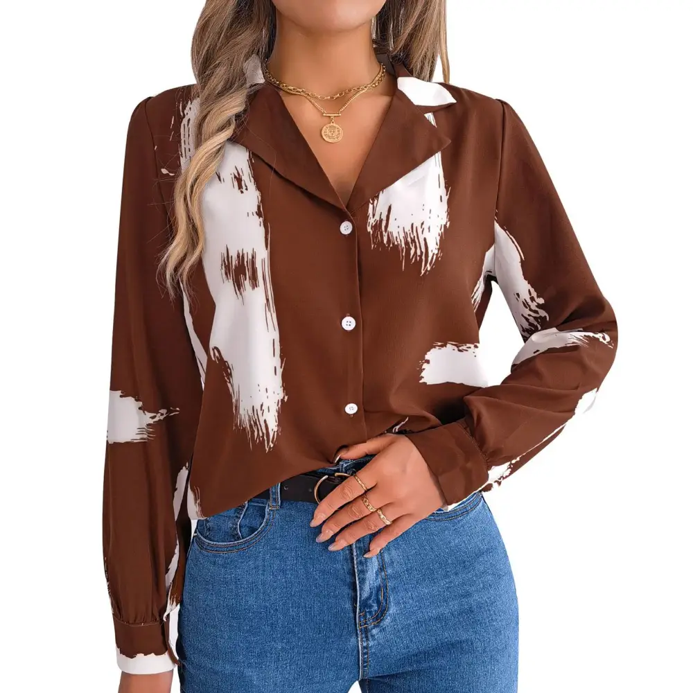 Women Printed Button Up Shirt Turn Down Collar Loose Fit Color Blocking Casual Blouse Shirt Coffee M