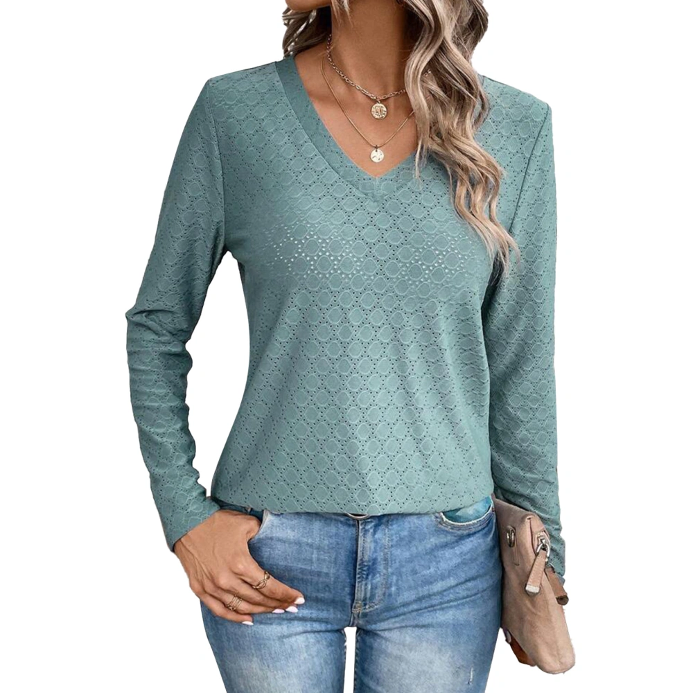 Women Casual Top V Neck Long Sleeve Top Fashion Pure Color Top for Daily Life Business Work Green XXL