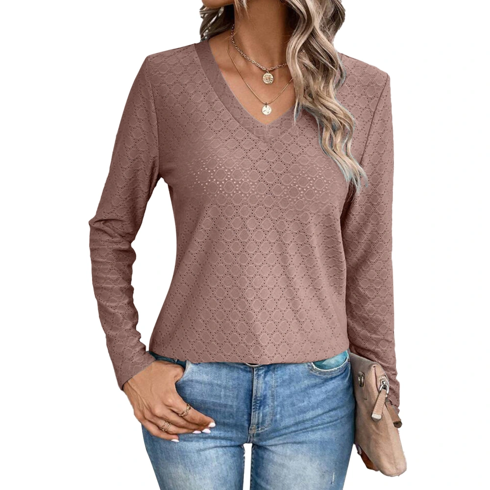 Women Casual Top V Neck Long Sleeve Top Fashion Pure Color Top for Daily Life Business Work Pale Pinkish Grey XXL