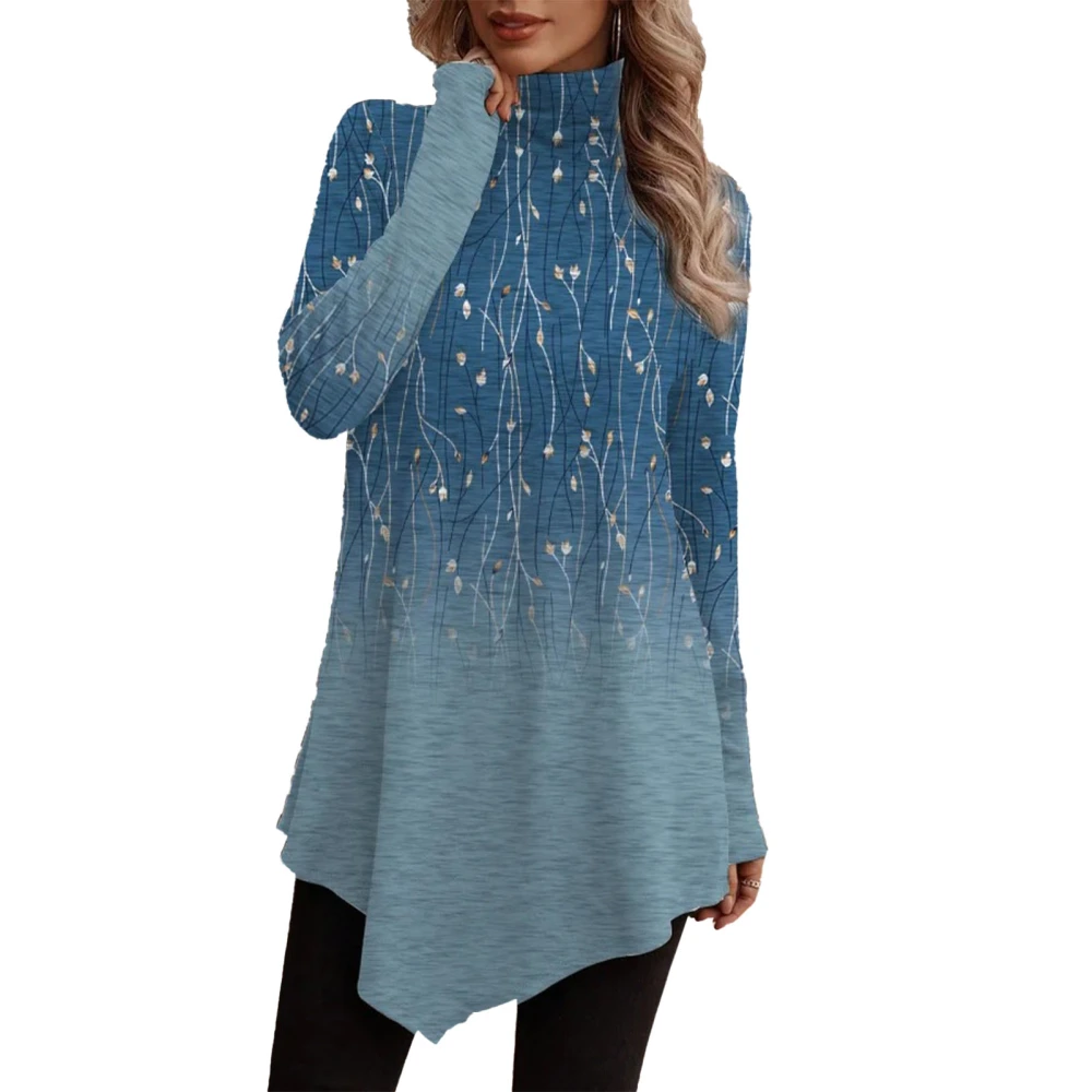 Women Long Sleeve High Neck Top Fashion Print Irregular Hem Loose Fit Casual Top for Leisure Blue XL