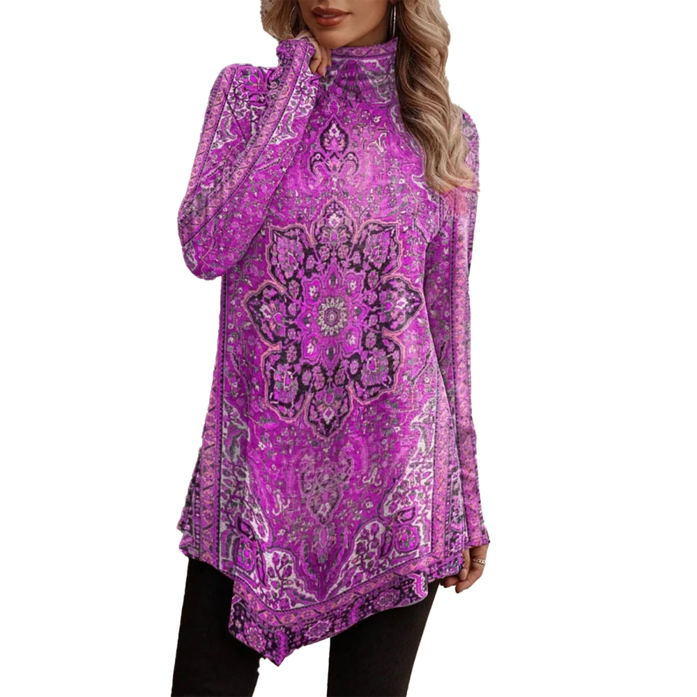 Women Long Sleeve High Neck Top Fashion Print Irregular Hem Loose Fit Casual Top for Leisure Purple M