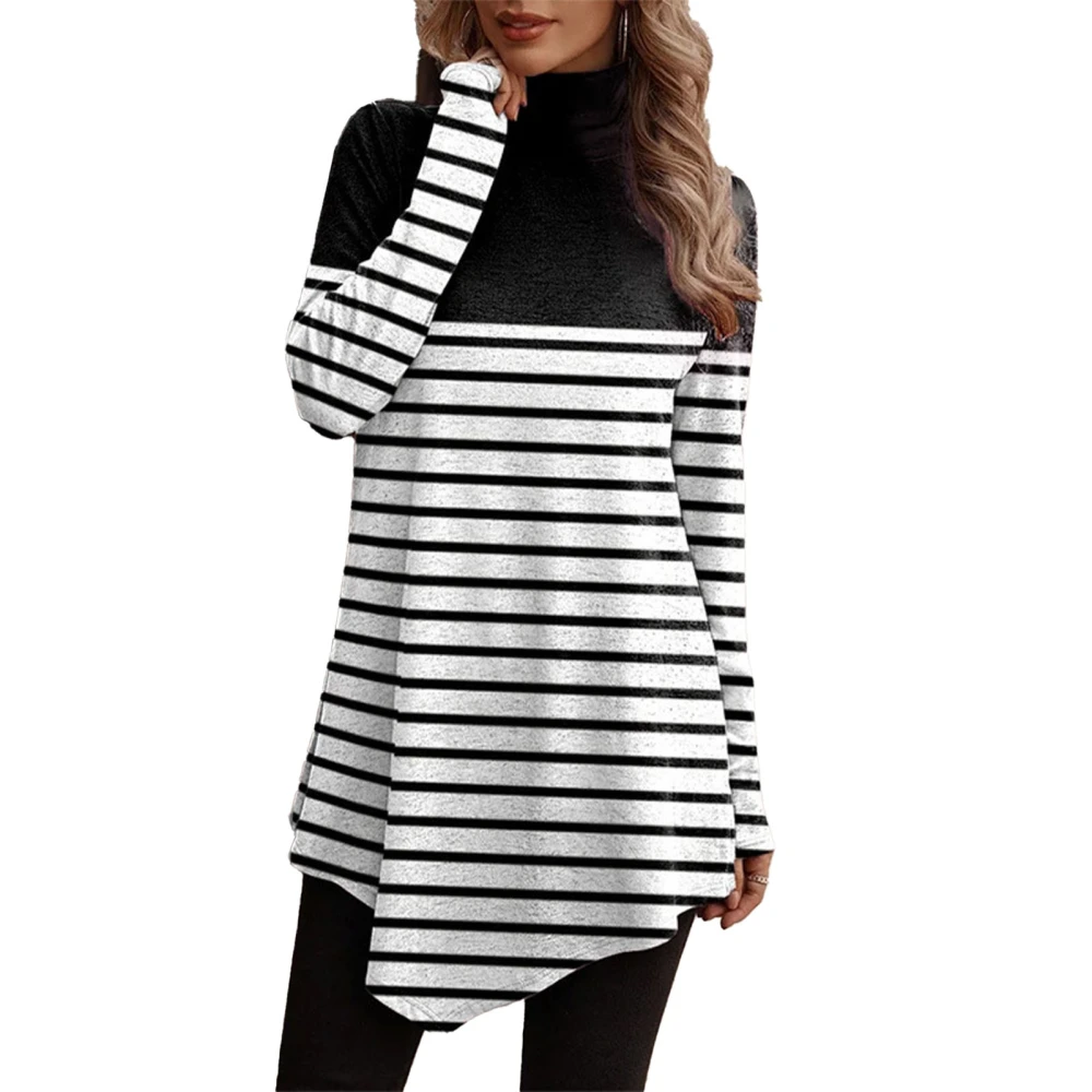 Women Long Sleeve High Neck Top Fashion Print Irregular Hem Loose Fit Casual Top for Leisure Black and White Stripe XXL