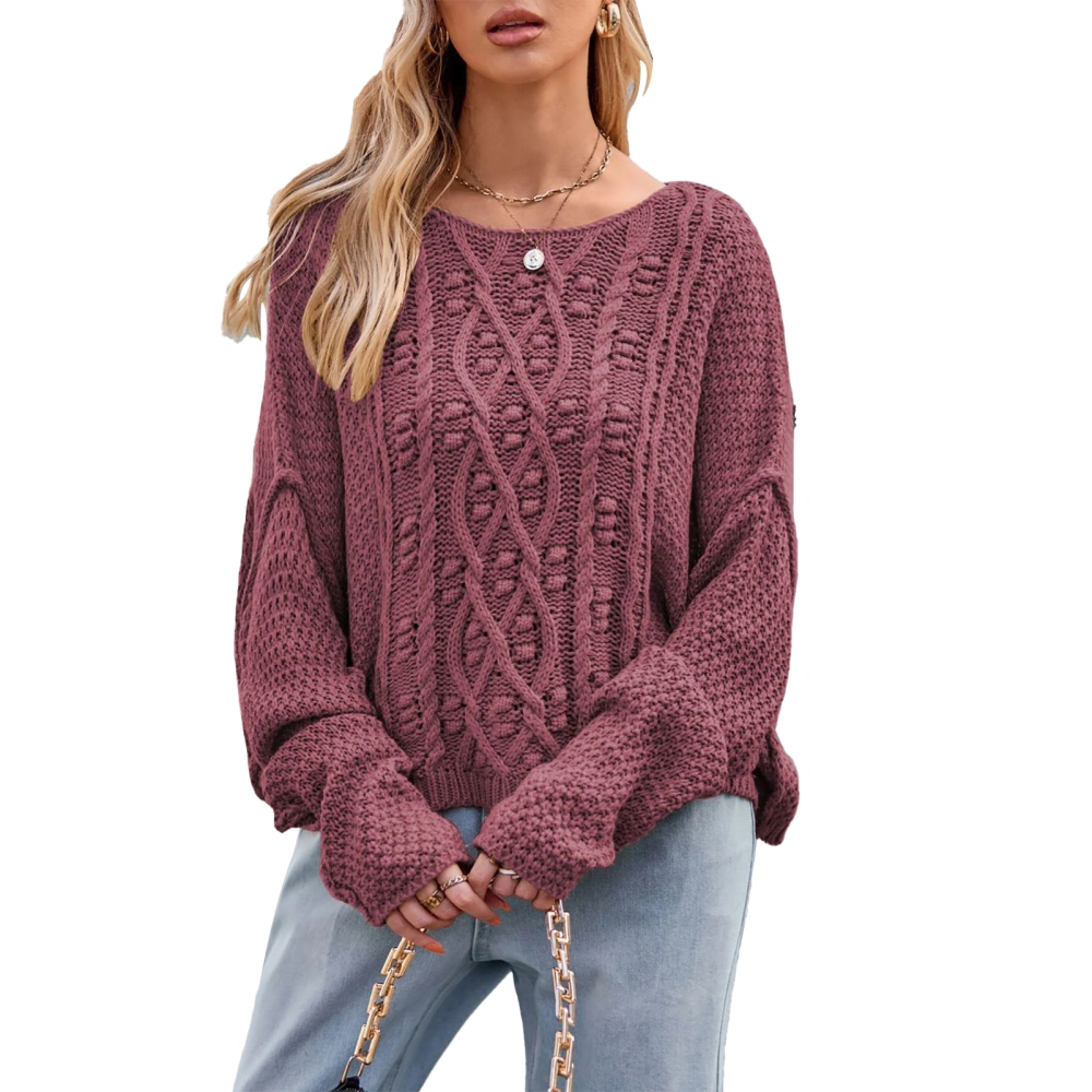 Women Sweater Round Neck Long Sleeve Twist Texture Solid Color Comfortable for Work Dating School Vacation Aubergine S