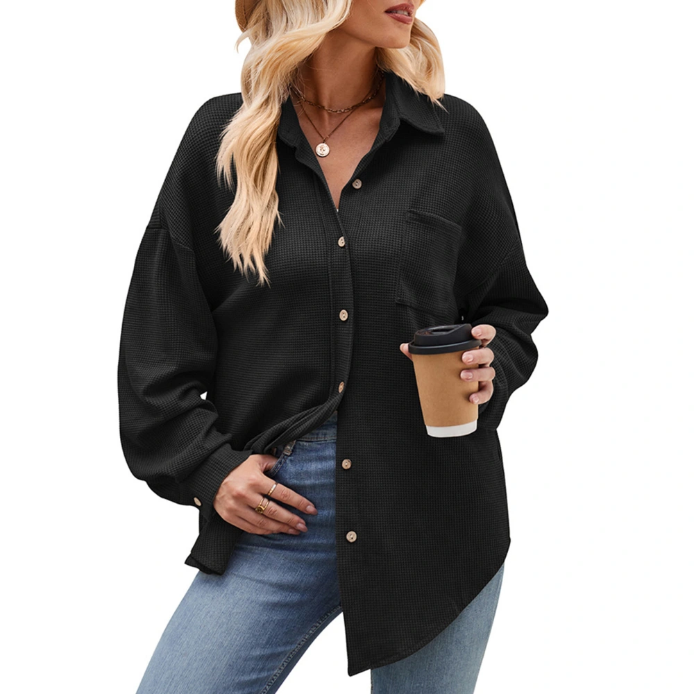 Women Long Button Up Shirt Casual Fitted Long Sleeve Front Pocket Female Long Tee Shirt Black XL