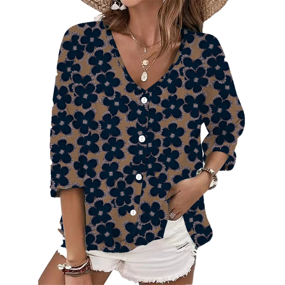 Women V Neck Button Down Shirt Fashion Casual Loose Women V Neck Print Blouse Tops for Daily Party Work Travel Purplish Blue L