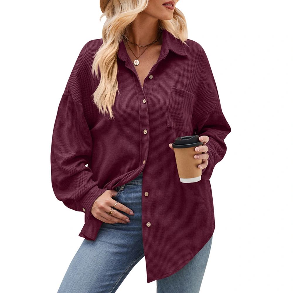 Women Long Button Up Shirt Casual Fitted Long Sleeve Front Pocket Female Long Tee Shirt Burgundy XXL