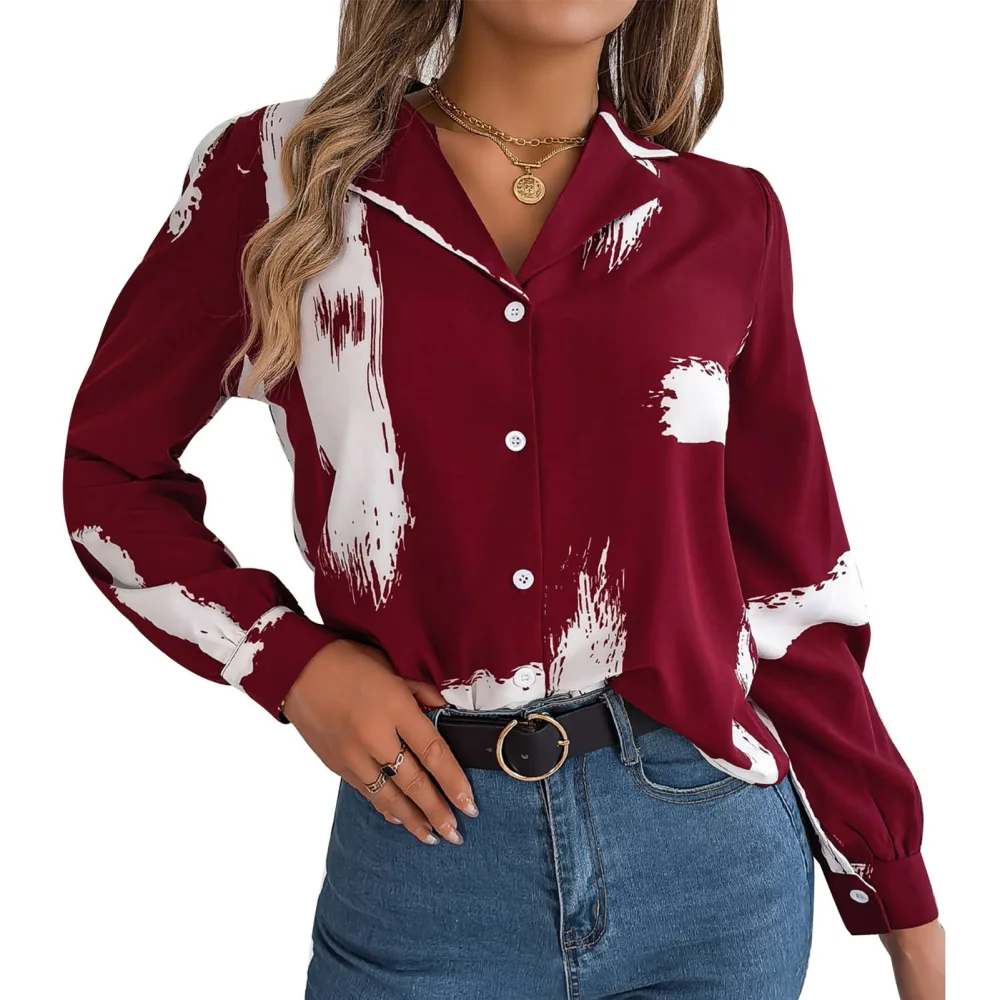 Women Printed Button Up Shirt Turn Down Collar Loose Fit Color Blocking Casual Blouse Shirt Wine Red XL