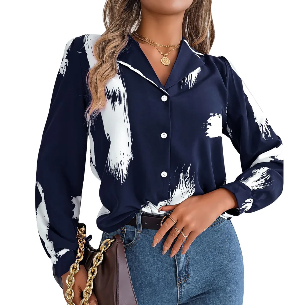 Women Printed Button Up Shirt Turn Down Collar Loose Fit Color Blocking Casual Blouse Shirt Blue M