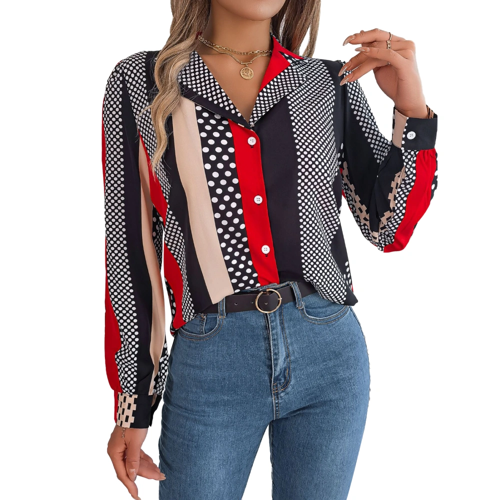 Shirt Long Sleeve Turn Down Collar Colorblock Dot Stripe Blouse Top for Work Street Leisure Red XL