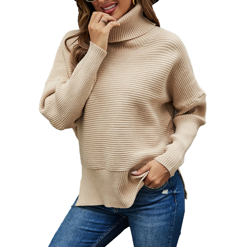 Women High Collar Sweater Long Sleeve Side Slit Pure Color Women Pullover Knitwear Sweater for Autumn Winter Spring Khaki M