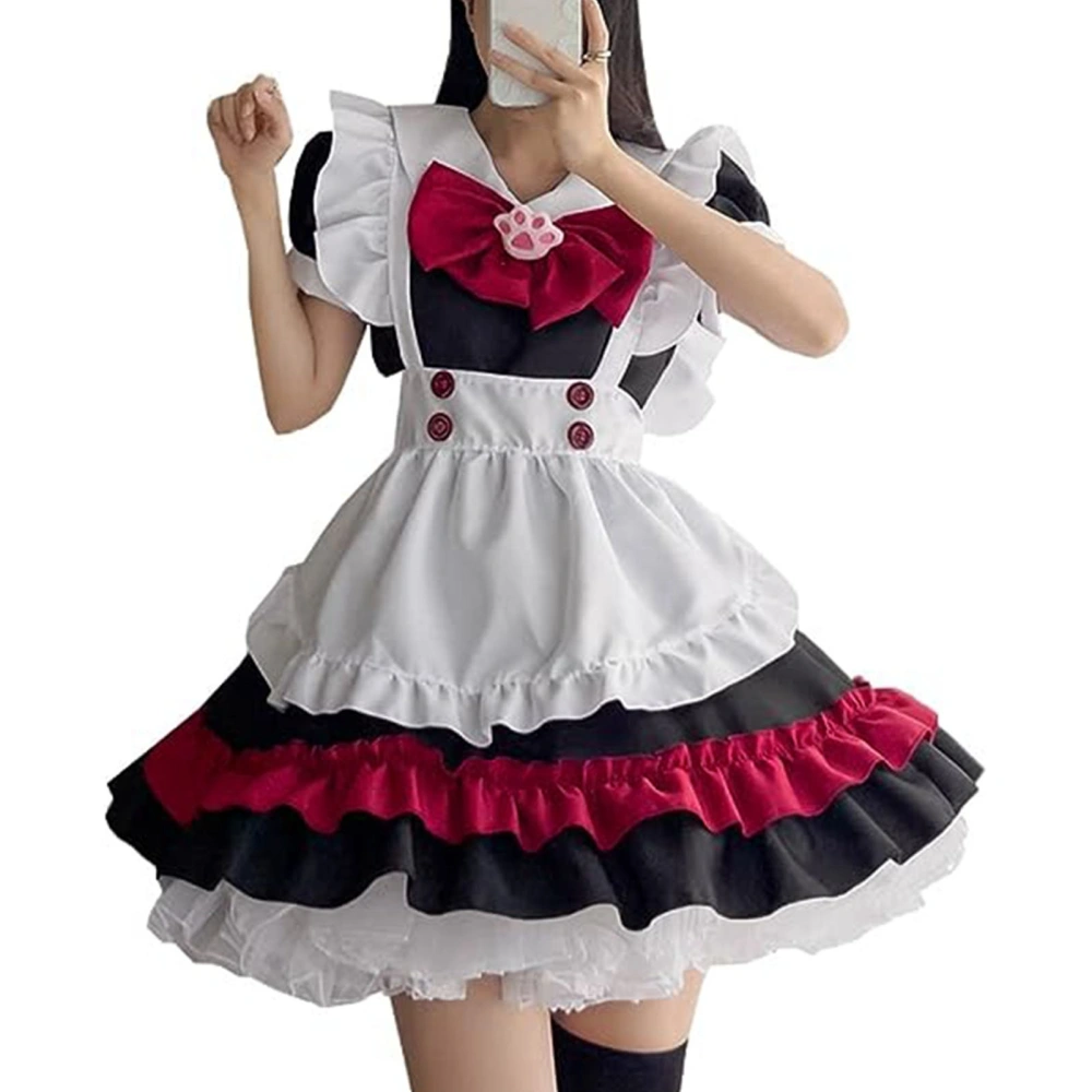 Cute Maid Dress Short Sleeve Sweet Maid Outfit with Apron Big Bow Headwear for Party Black Red XXL