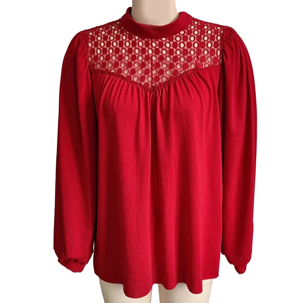 Lace Stitching Long Sleeve Blouse Round Neck Casual Fitted Lace Stitching Blouse for Women Burgundy XXL