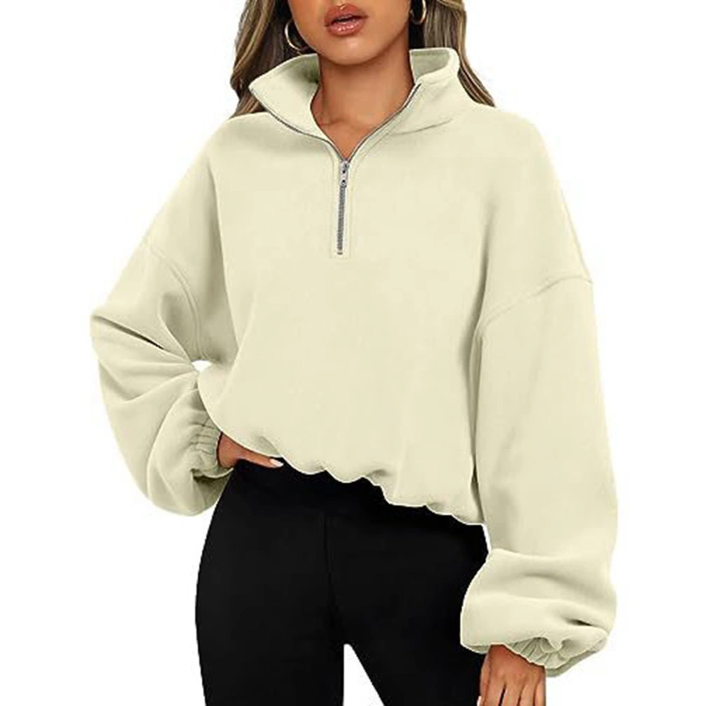 Women Half Zip Fleece Jacket Stand Collar Long Sleeve Pure Color Lady Drawstring Pullover Jacket for Daily Ivory White S