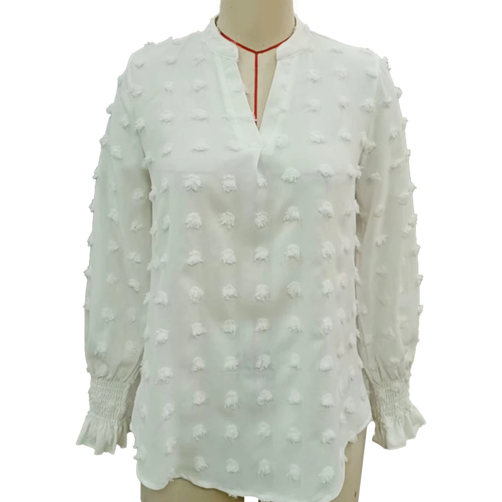 Women V Neck Long Sleeve Blouse Shirred Jacquard Pure Color Loose Fit Tunic Pullover Top White S