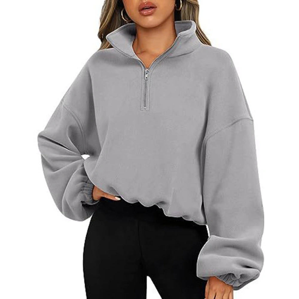 Women Half Zip Fleece Jacket Stand Collar Long Sleeve Pure Color Lady Drawstring Pullover Jacket for Daily Grey XL