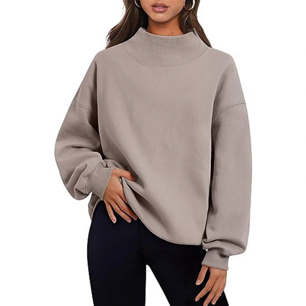 Pure Color Fleece Sweatshirt Half High Collar Loose Long Sleeve Neckline Slit Casual Pullover Sweatshirt for Women Khaki M