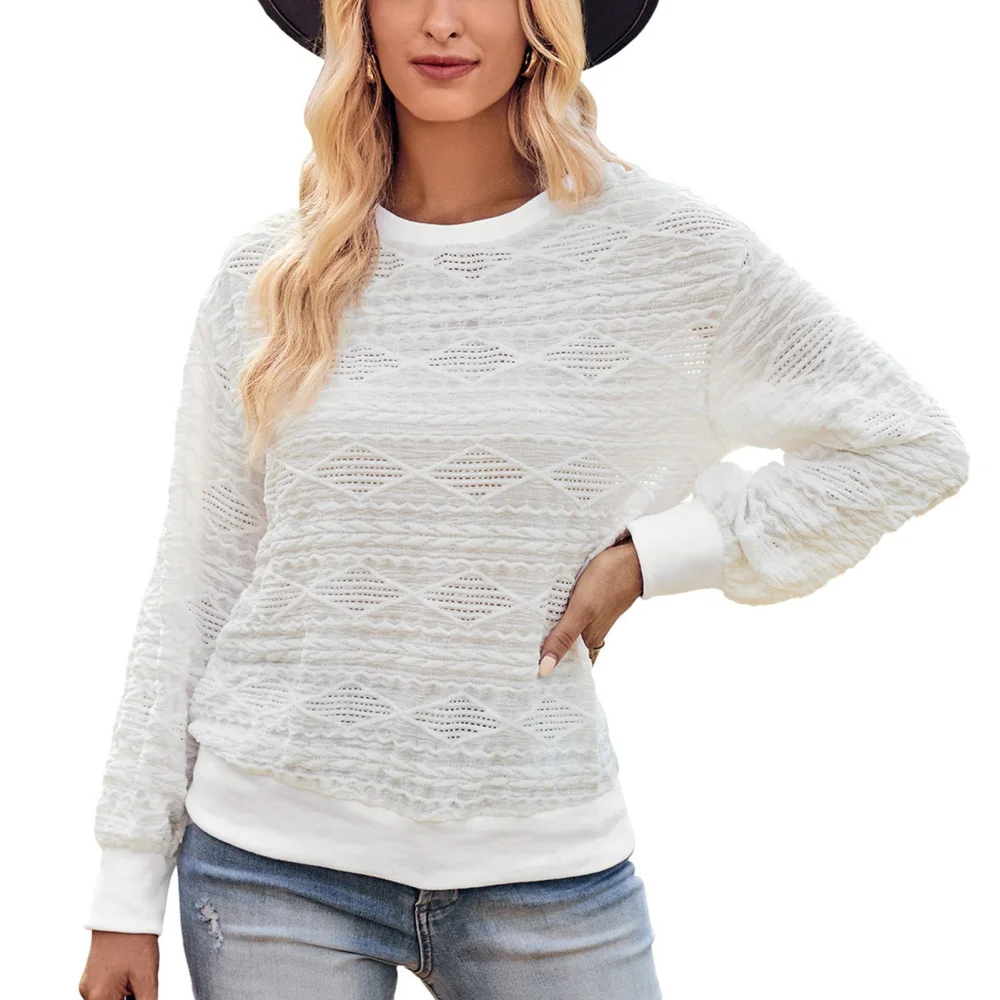 Women Round Neck T Shirt Hollow Out Long Sleeves Loose Fitting Casual Knitted Top for Daily Use White L