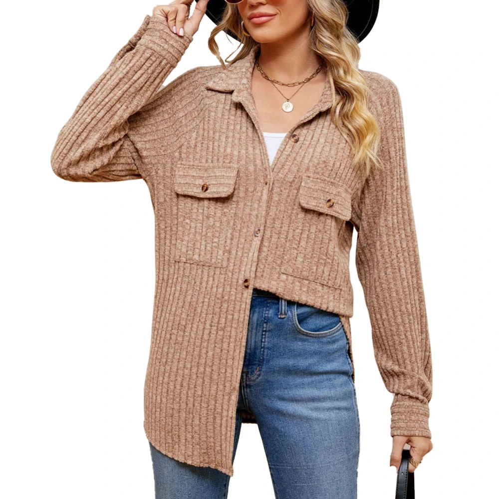 Women Rib Single Breasted Coat Turn Down Collar Pure Color Long Sleeve Rib Casual Coat Light Tan XXL