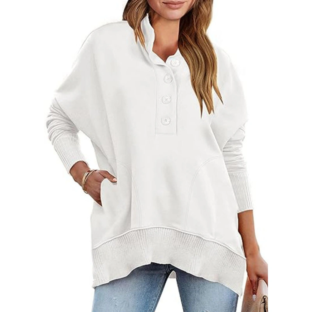 Women Long Sleeves Fleece Sweatshirt Stand Collar Half Button Closure Casual Splicing Pullover Top White XL