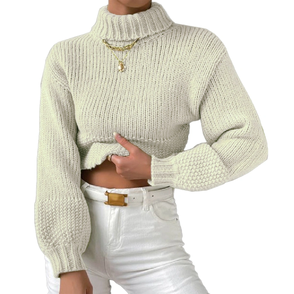 Women Turtleneck Sweater Lantern Long Sleeve Loose Fit Casual Knit Pullover Sweater Beige XL