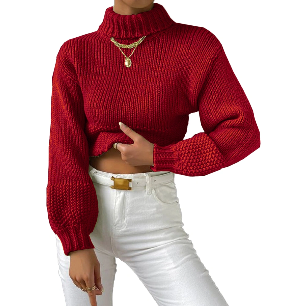 Women Turtleneck Sweater Lantern Long Sleeve Loose Fit Casual Knit Pullover Sweater Wine Red XL