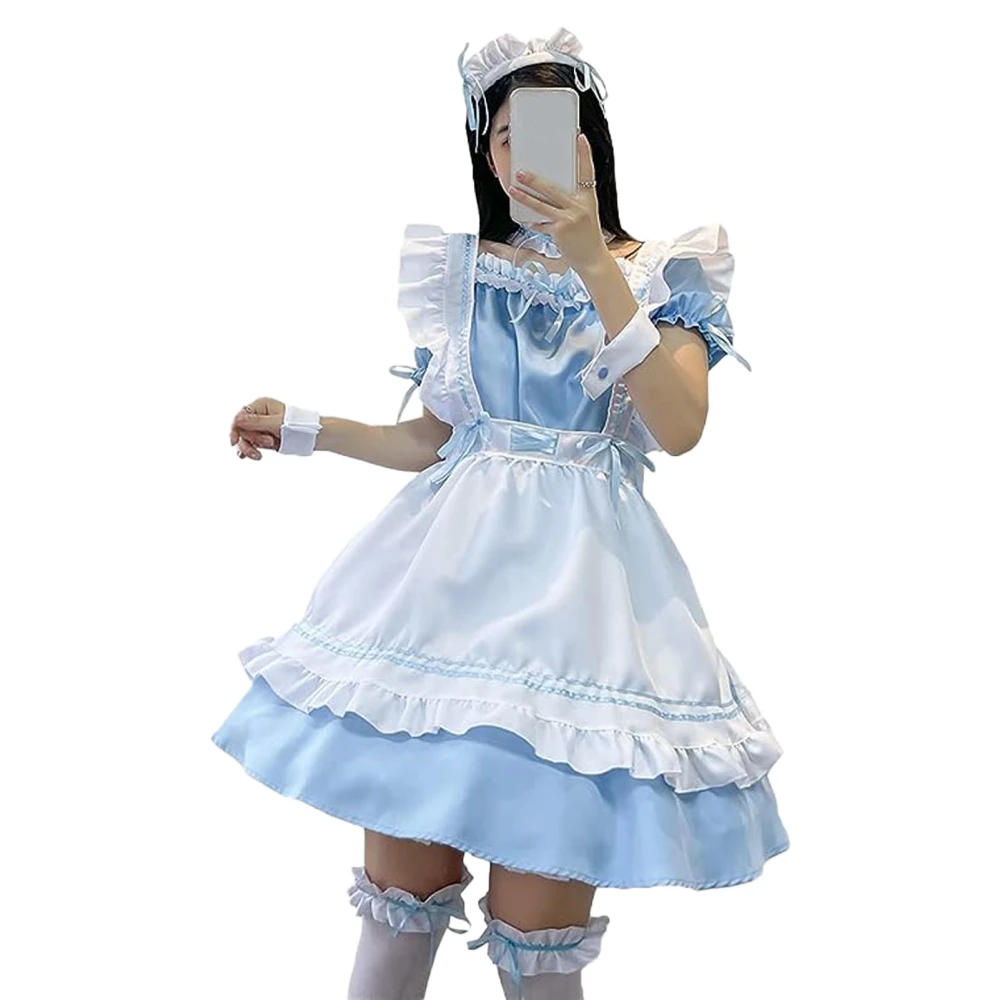 Maid Costume Ruffle Frill Trim Cute Bow Apron Dress Cosplay Makeup Outfit with Headwear Neck Leg Ring for Party Sky Blue L