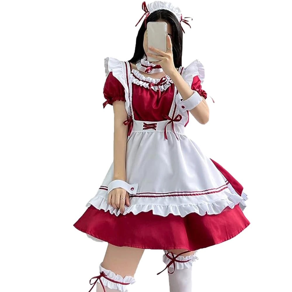 Maid Costume Ruffle Frill Trim Cute Bow Apron Dress Cosplay Makeup Outfit with Headwear Neck Leg Ring for Party Wine Red XXL