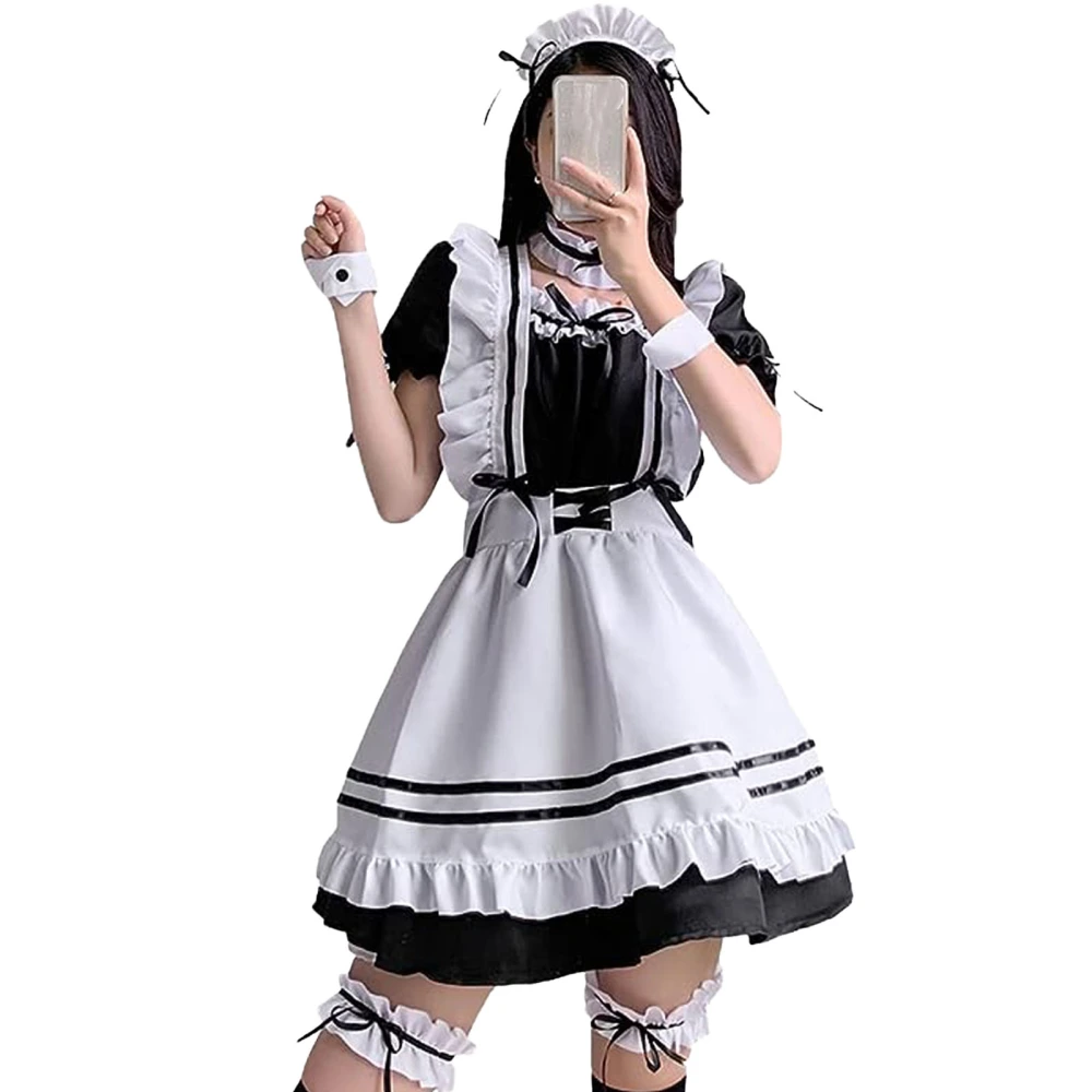 Maid Costume Ruffle Frill Trim Cute Bow Apron Dress Cosplay Makeup Outfit with Headwear Neck Leg Ring for Party Black White XXL