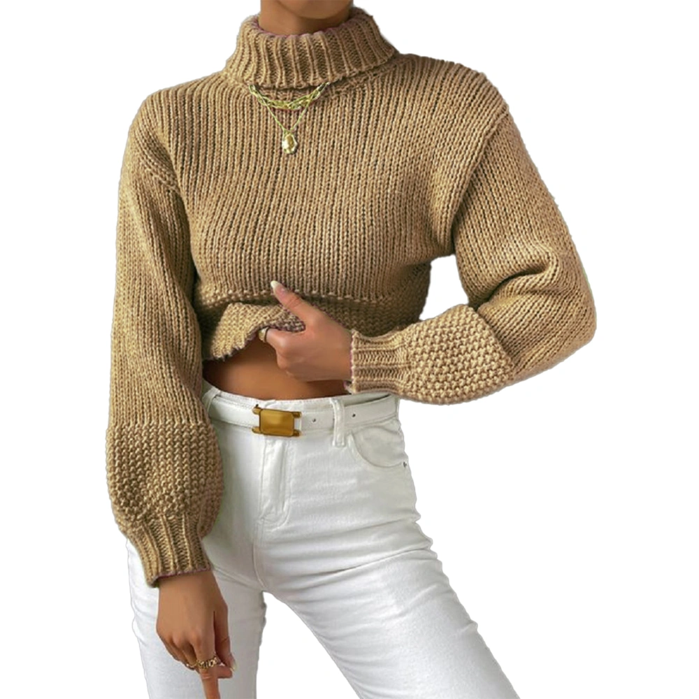 Women Turtleneck Sweater Lantern Long Sleeve Loose Fit Casual Knit Pullover Sweater Khaki XXL