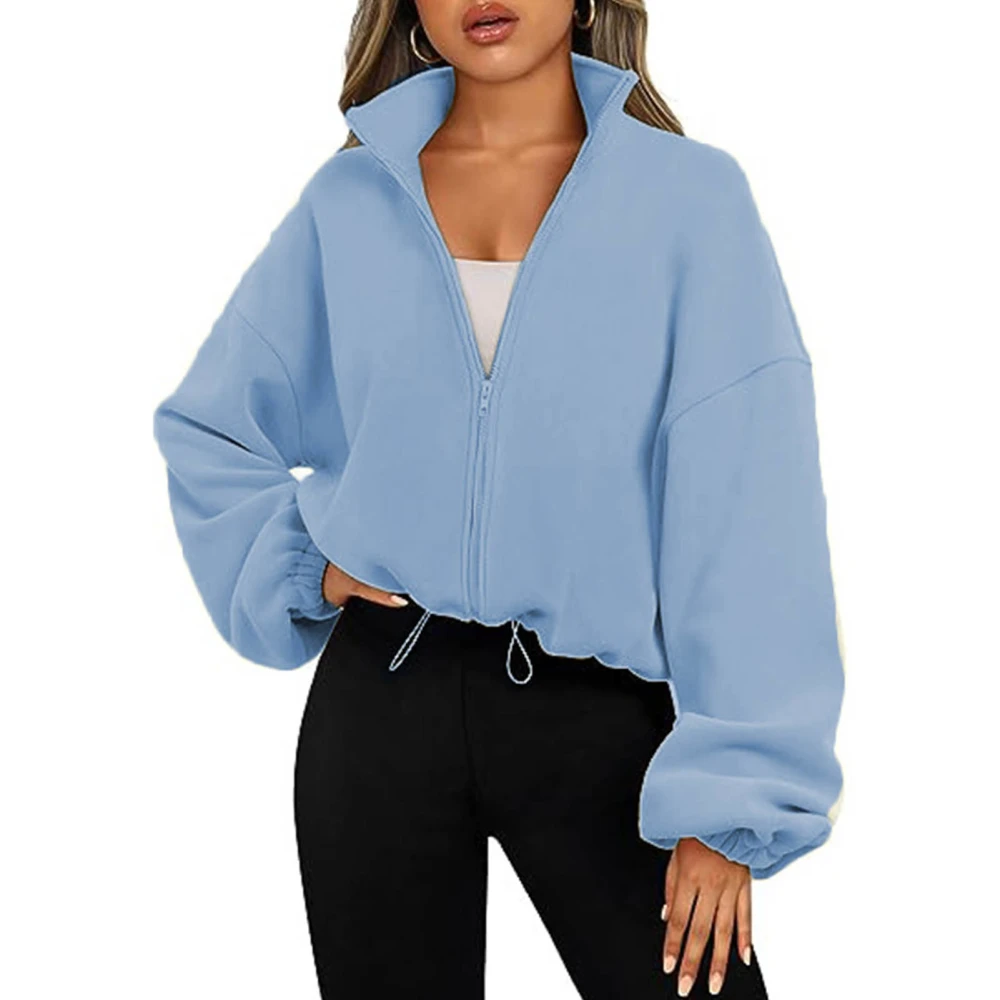 Zip Up Short Fleece Jacket Women Plain Color Long Sleeve Stand Collar Drawstring Elastic Waist Fleece Coat Light Blue M