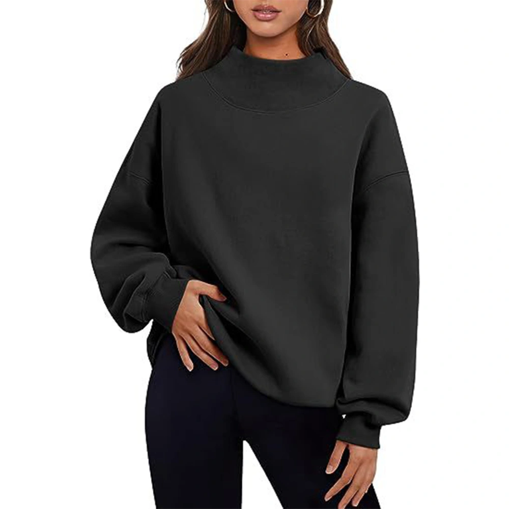 Pure Color Fleece Sweatshirt Half High Collar Loose Long Sleeve Neckline Slit Casual Pullover Sweatshirt for Women Black M